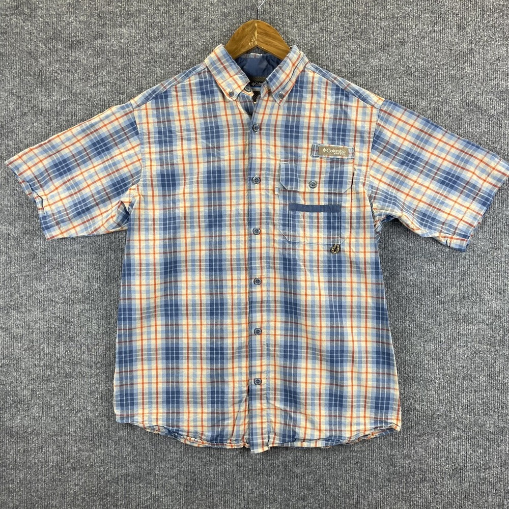 Columbia Shirt Men's Small Blue Orange Button Up Plaid Hunting Performance PHG